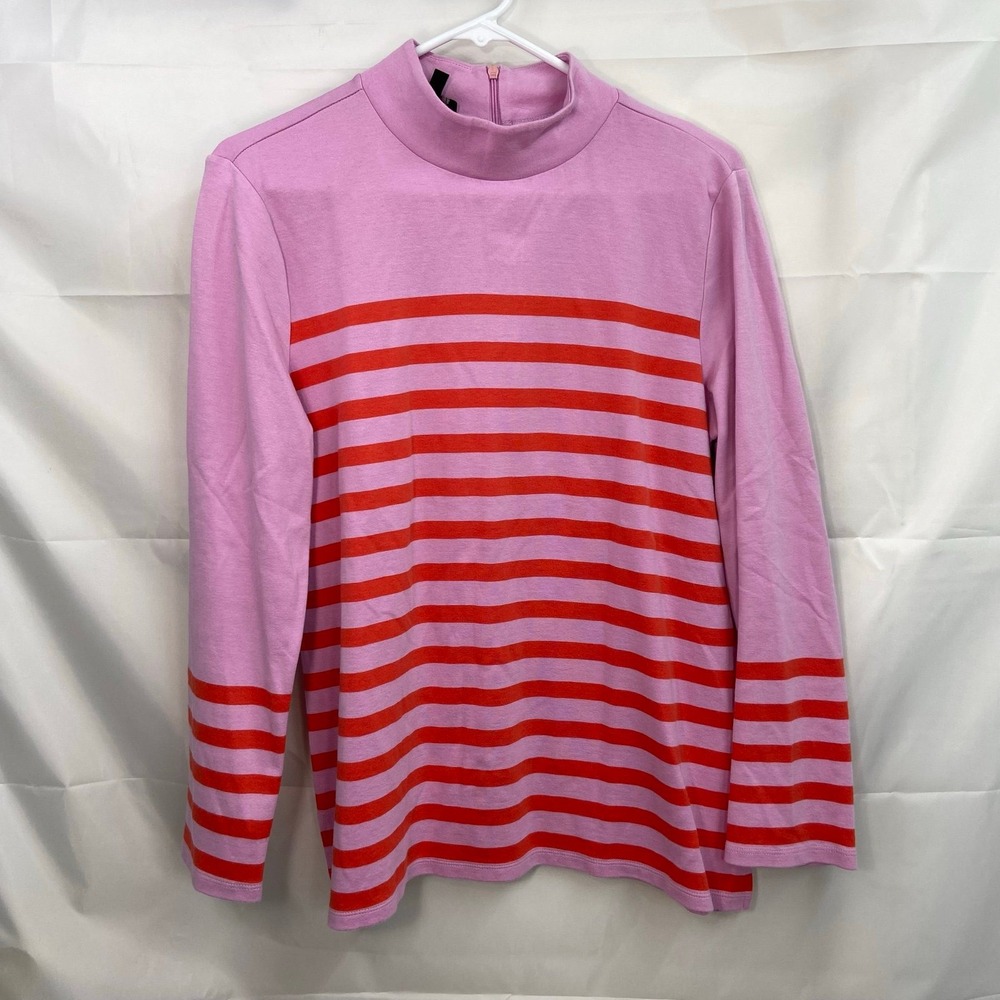 Talbots women's pink orange striped Calder mock neck knit long sleeve top large
